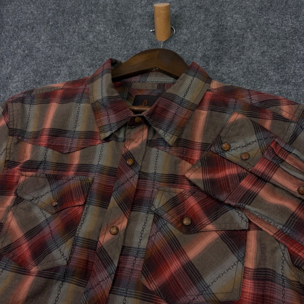 Prana Western Snap Shirt Mens Large Red Plaid Embroidered Outdoor Casual L